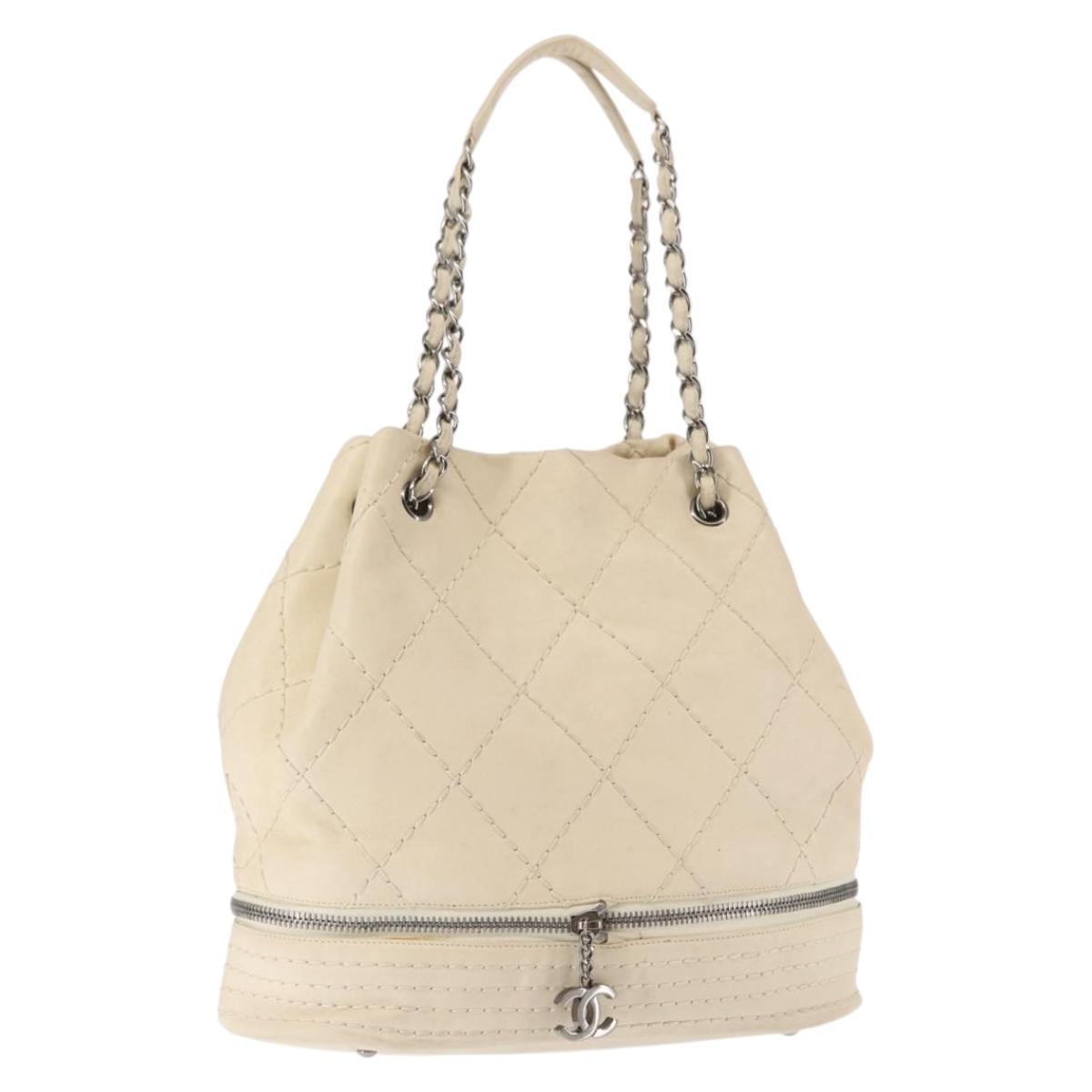 CHANEL Wild Stitch Chain Shoulder Bag Leather Ivory Silver CC Auth 146532