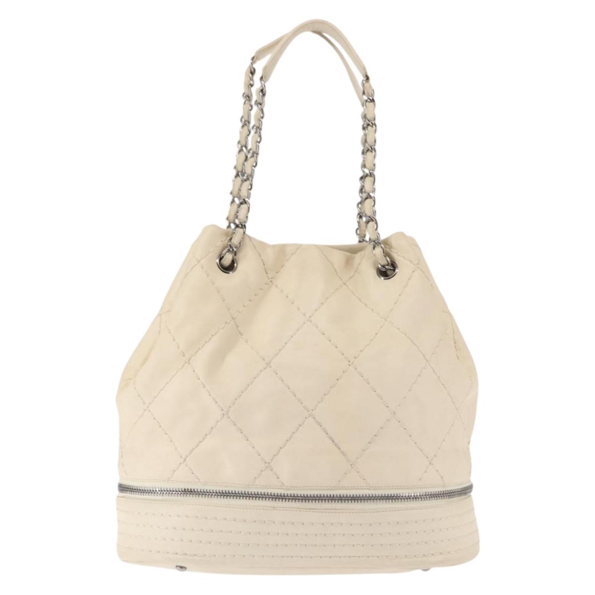 CHANEL Wild Stitch Chain Shoulder Bag Leather Ivory Silver CC Auth 146532