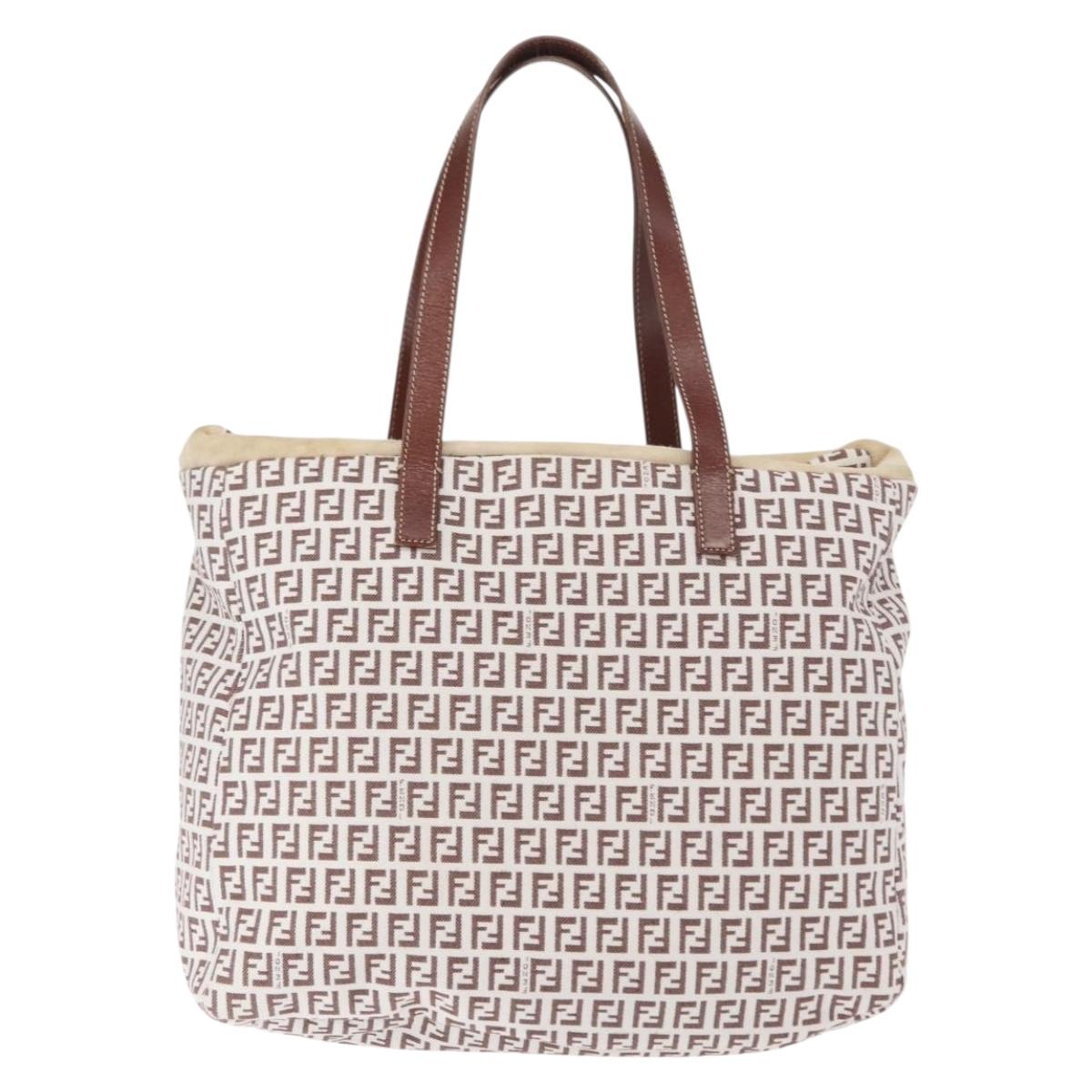 FENDI Zucchino Canvas Tote Bag White Brown Auth 146551V