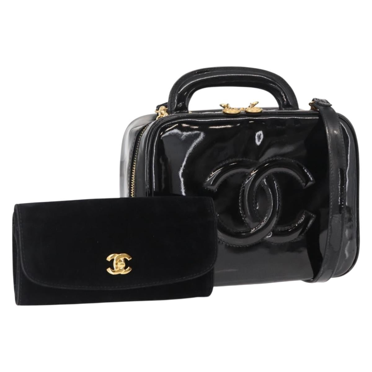 CHANEL Vanity Shoulder Bag Patent leather 2way Black Gold CC Auth 146552V