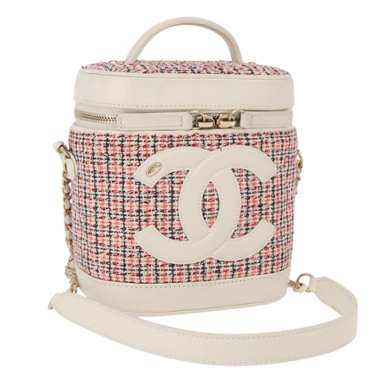 CHANEL Chain Vanity Shoulder Bag Tweed White Gold CC Auth 146553SAM