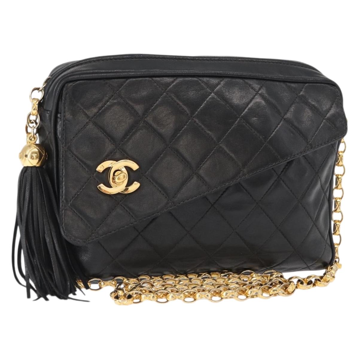 CHANEL Matelasse Chain Shoulder Bag Lamb Skin Black Gold CC Auth 146556V