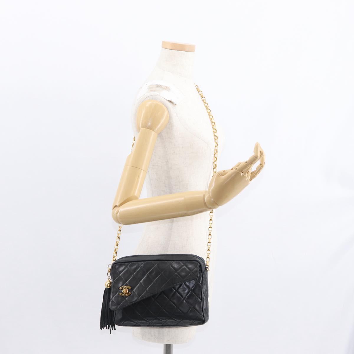 CHANEL Matelasse Chain Shoulder Bag Lamb Skin Black Gold CC Auth 146556V