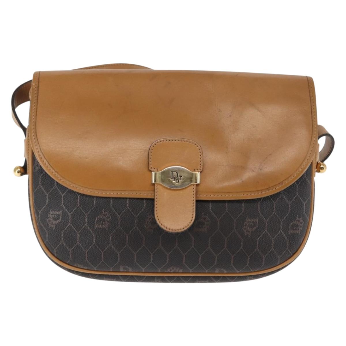 Christian Dior Honeycomb Canvas Shoulder Bag PVC Black Brown gold Auth 146582