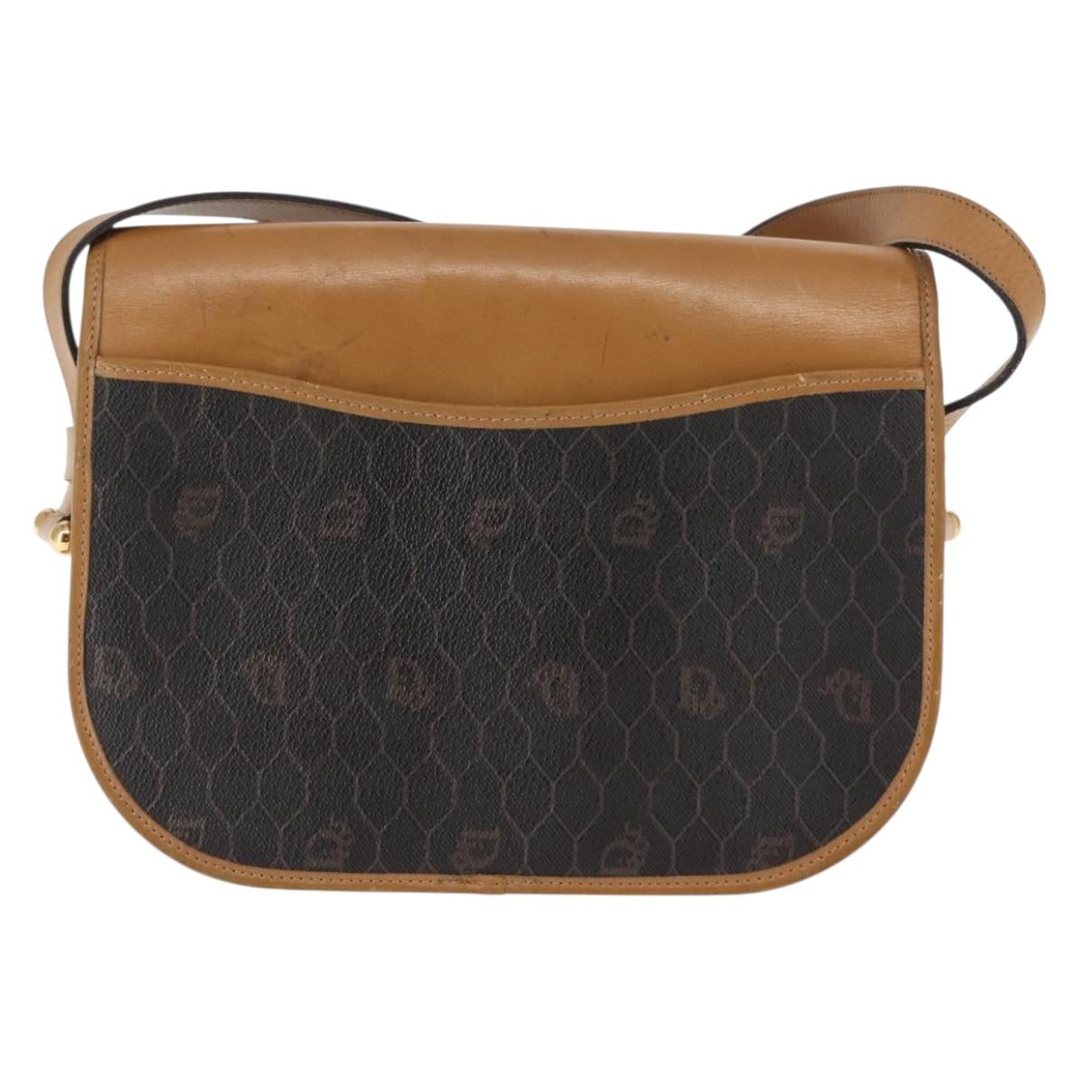 Christian Dior Honeycomb Canvas Shoulder Bag PVC Black Brown gold Auth 146582