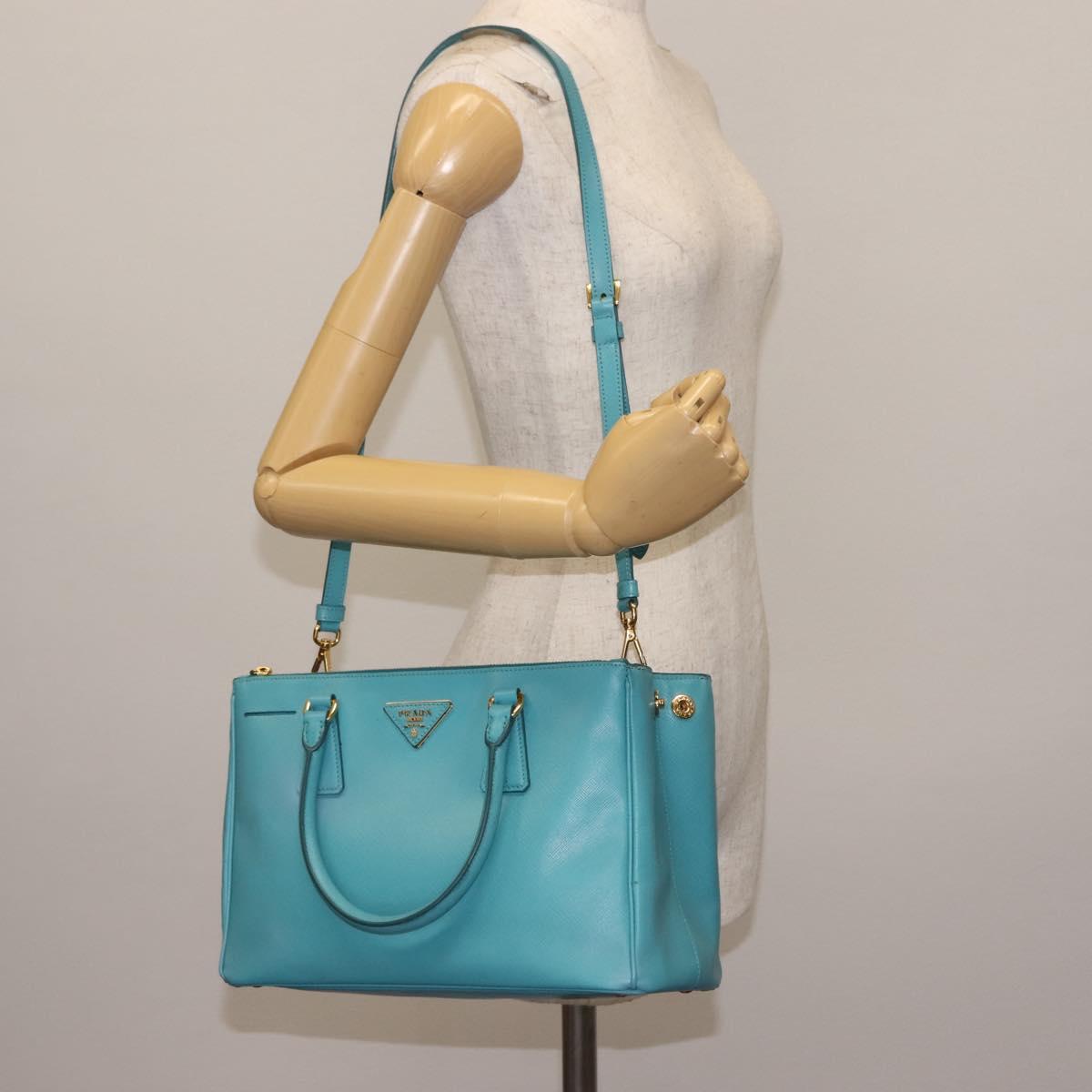PRADA Galleria Hand Bag Safiano Leather 2way Turquoise Blue Gold Auth 146590