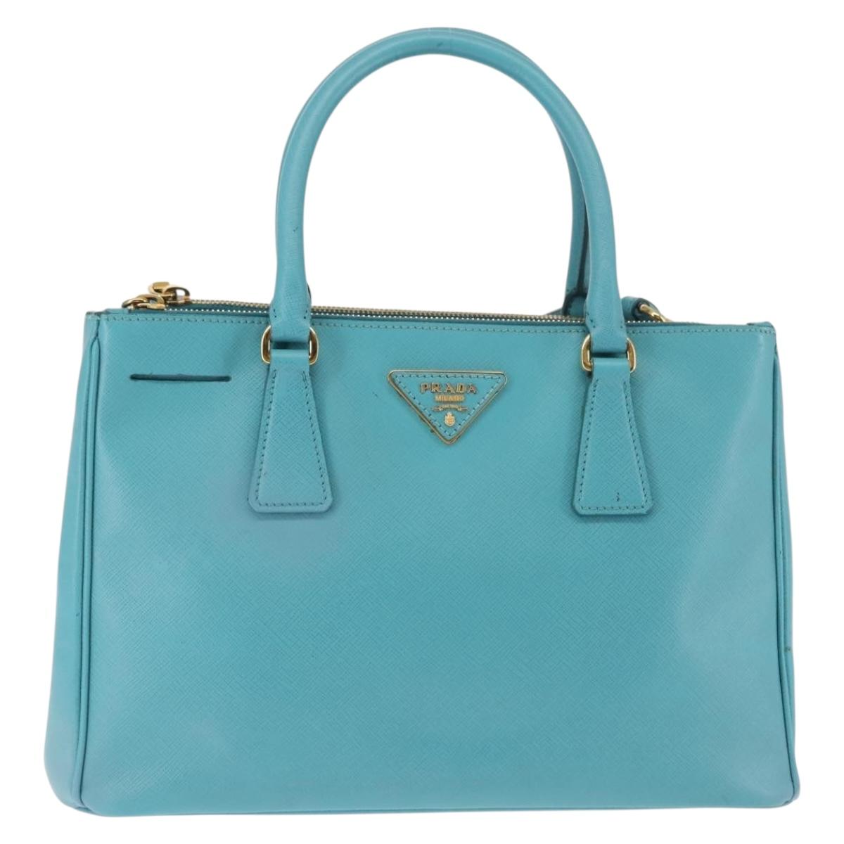 PRADA Galleria Hand Bag Safiano Leather 2way Turquoise Blue Gold Auth 146590