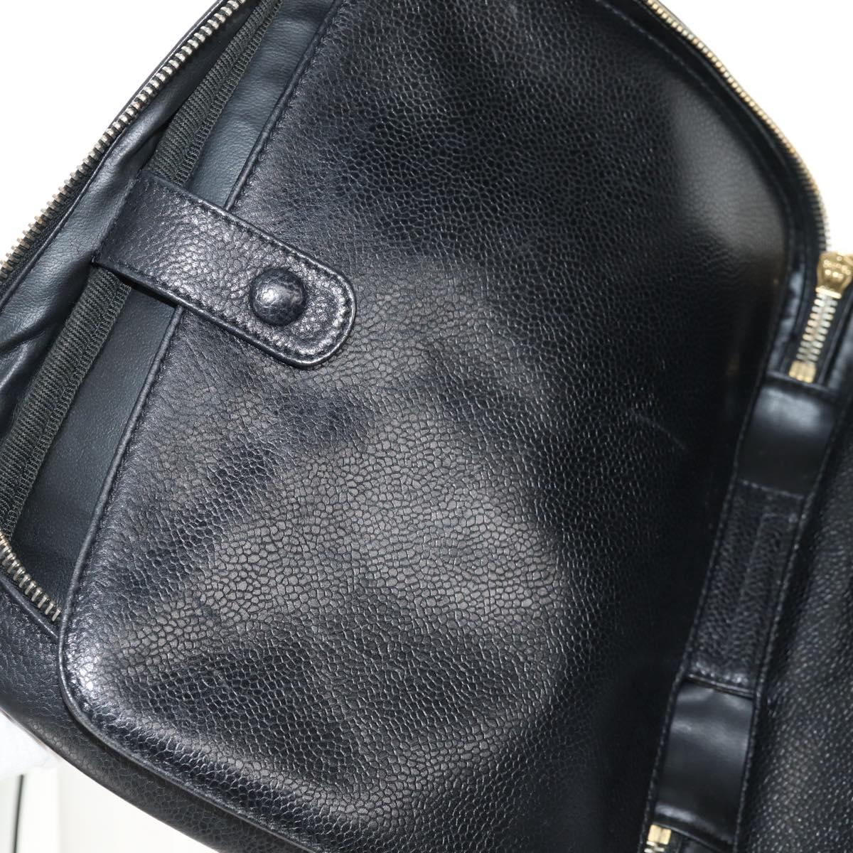 CHANEL COCO Mark Vanity Hand Bag Caviar Skin Black Gold CC Auth 146602A