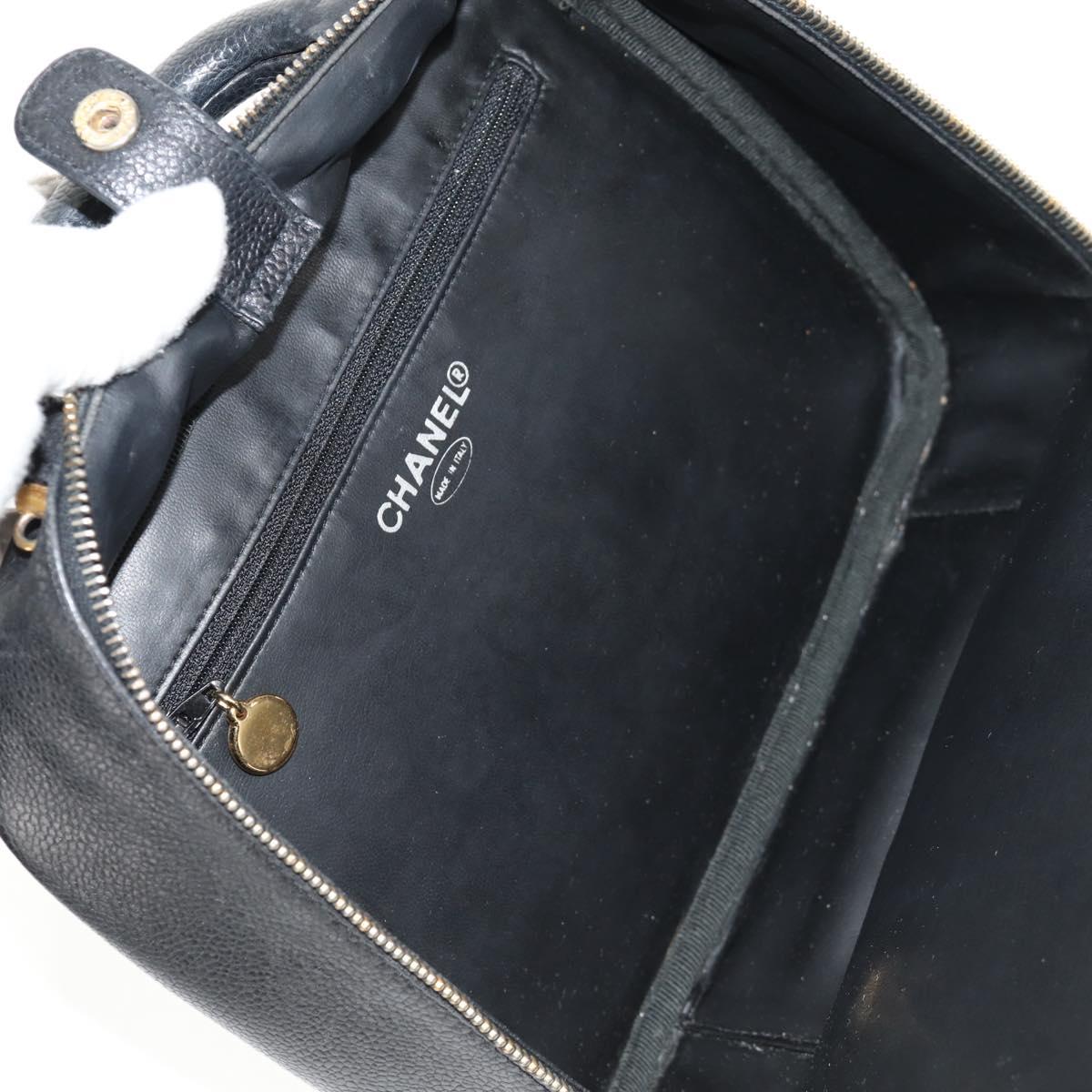 CHANEL COCO Mark Vanity Hand Bag Caviar Skin Black Gold CC Auth 146602A