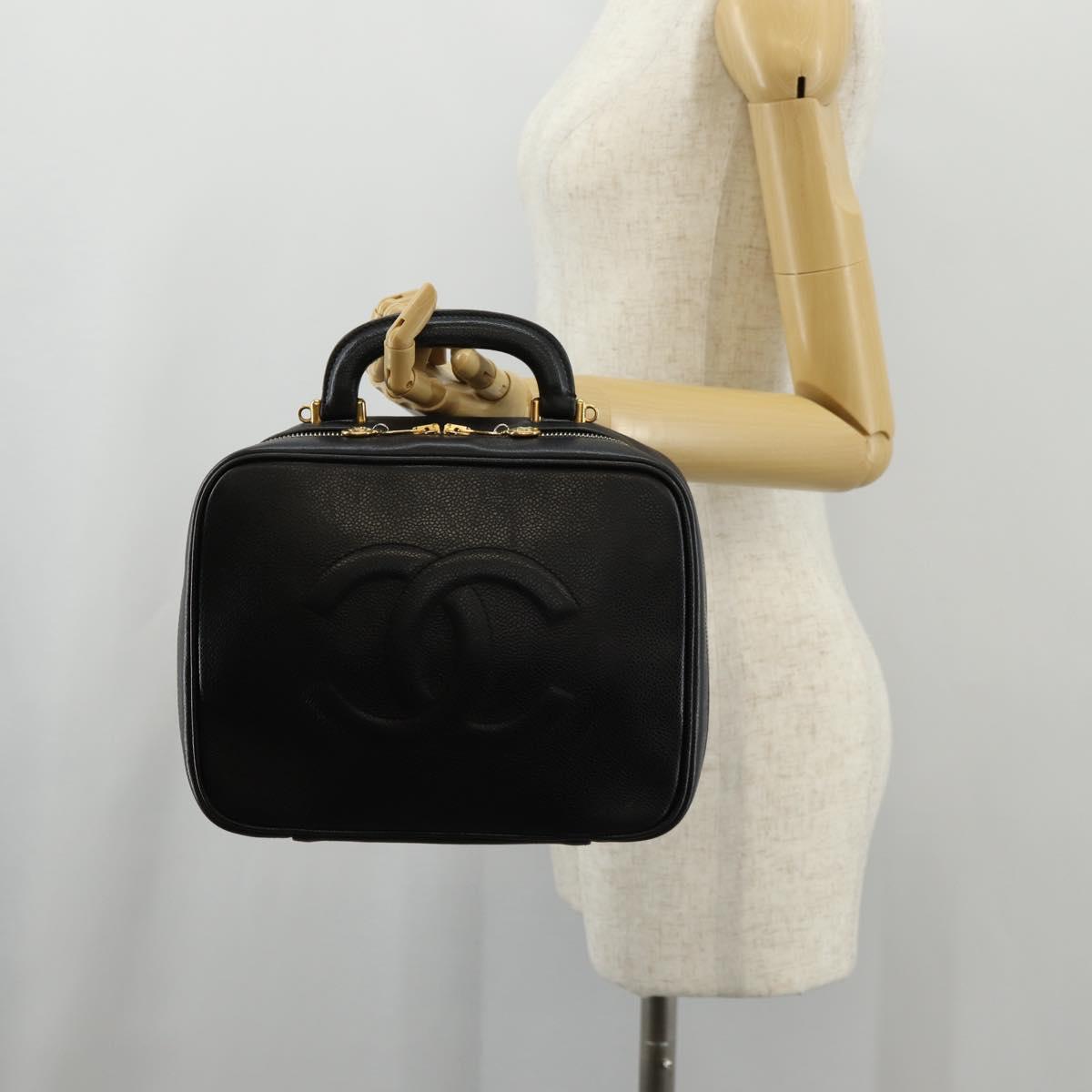 CHANEL COCO Mark Vanity Hand Bag Caviar Skin Black Gold CC Auth 146602V