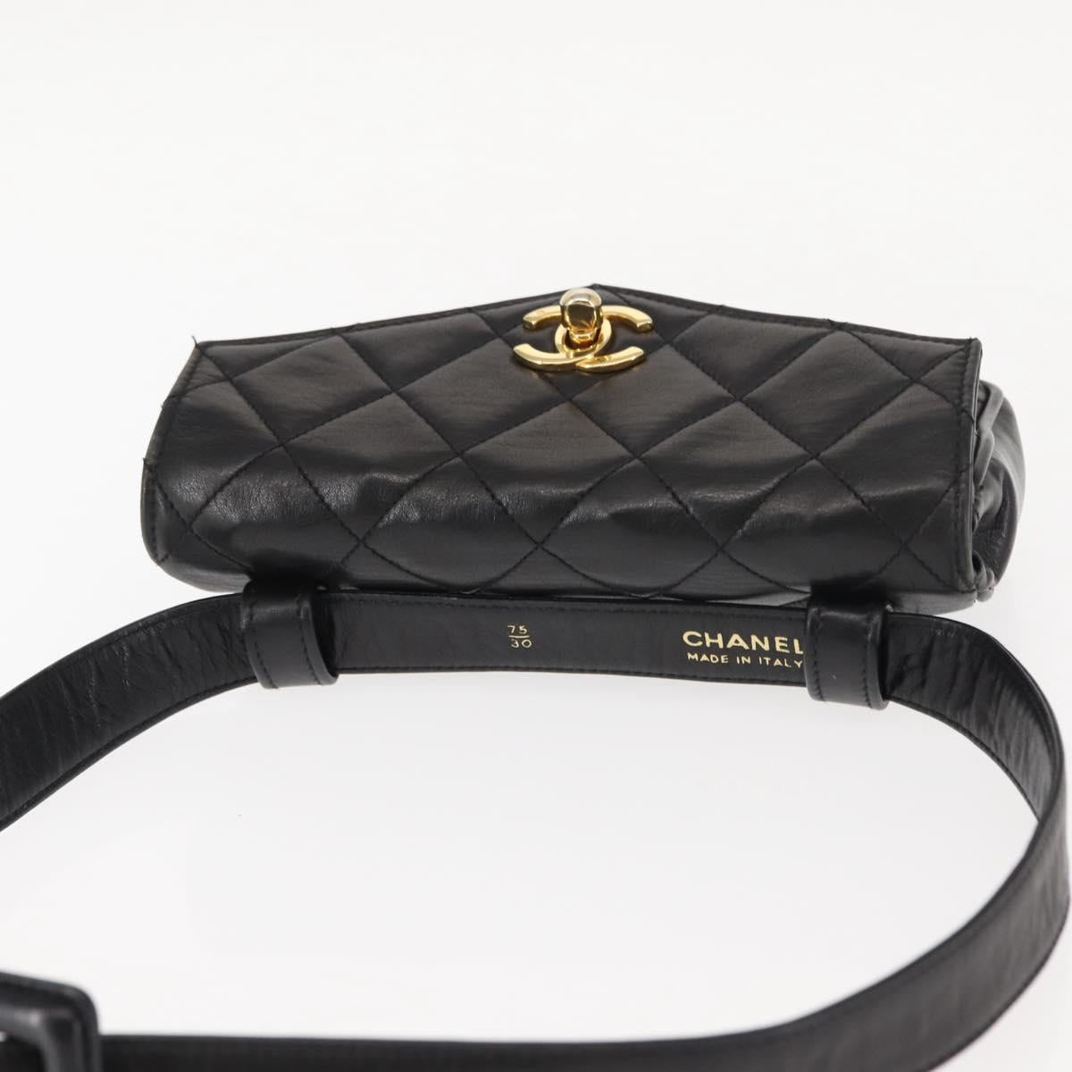 CHANEL Waist pouch Matelasse Waist bag Leather Black Gold CC Auth 146618