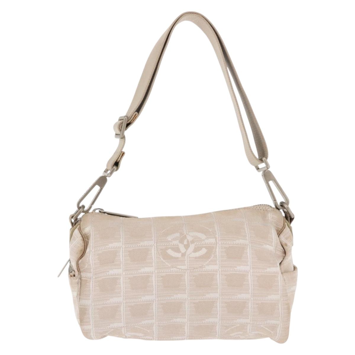 CHANEL New Travel Line Shoulder Bag Nylon Beige CC Auth 146622