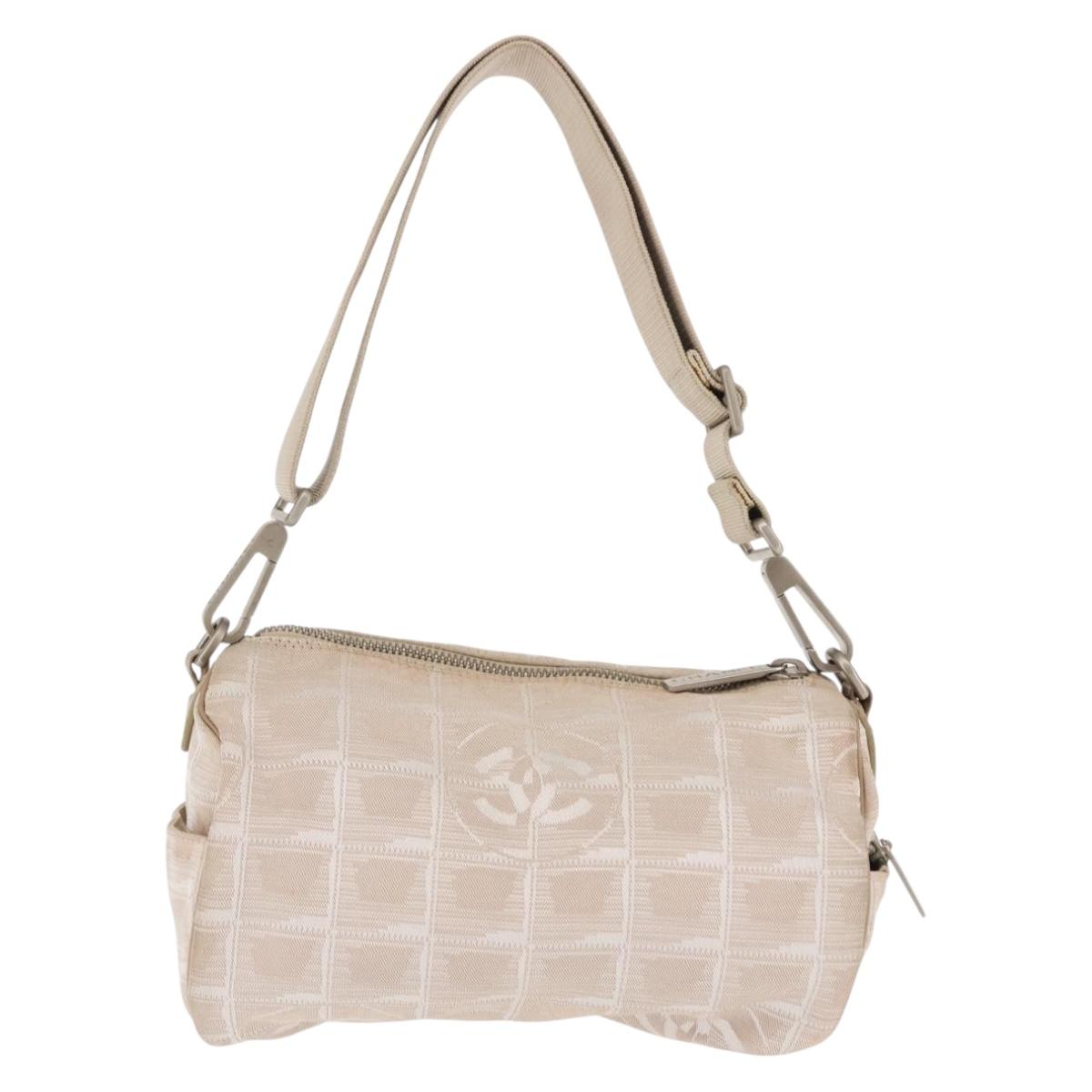 CHANEL New Travel Line Shoulder Bag Nylon Beige CC Auth 146622
