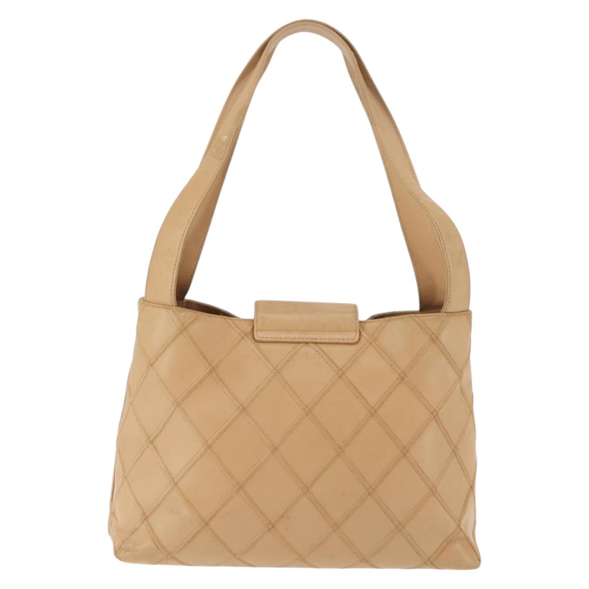 CHANEL Bicolore Shoulder Bag Lamb Skin Beige Silver CC Auth 146639