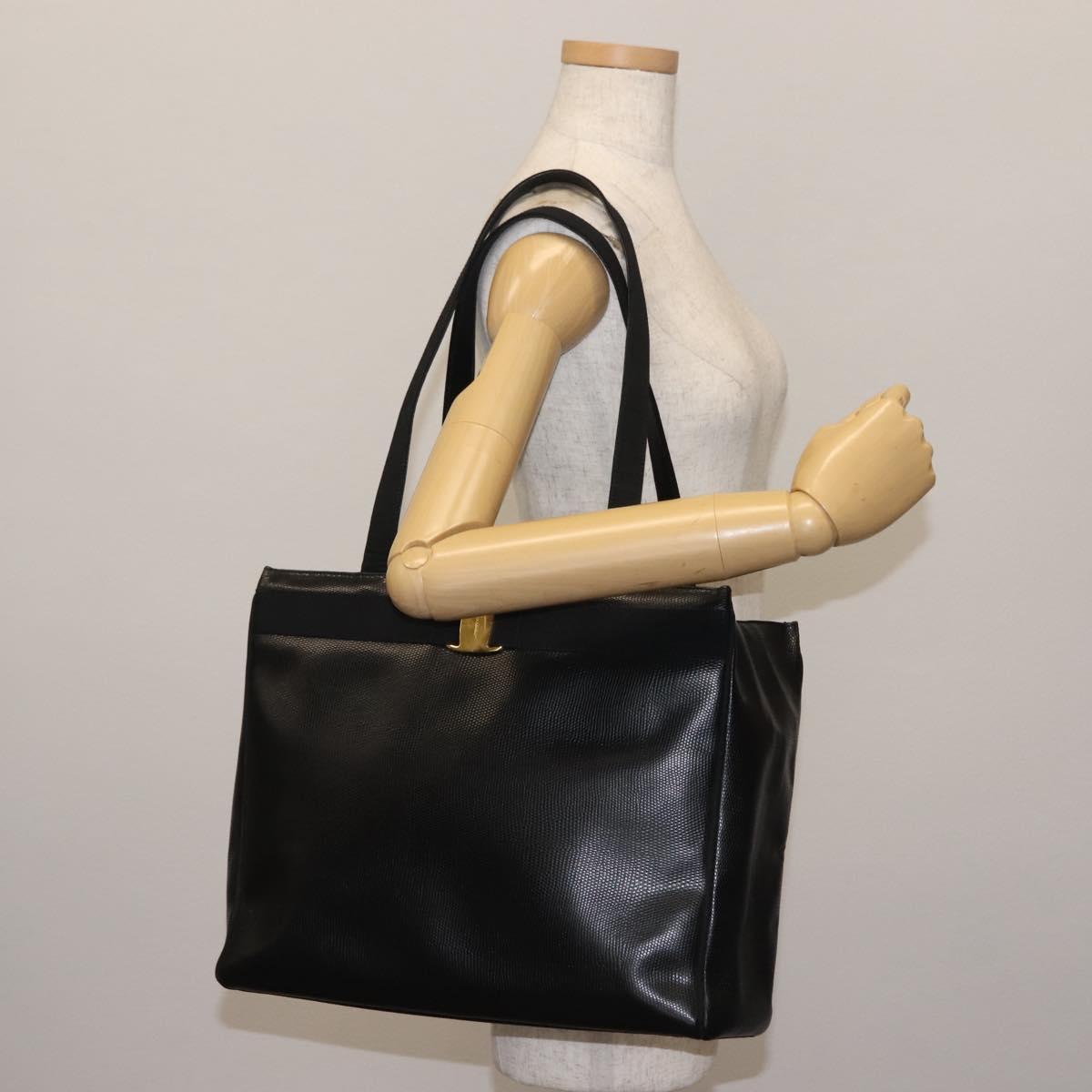 Salvatore Ferragamo Vala Tote Bag Croco Embossing Black Gold Auth 146655