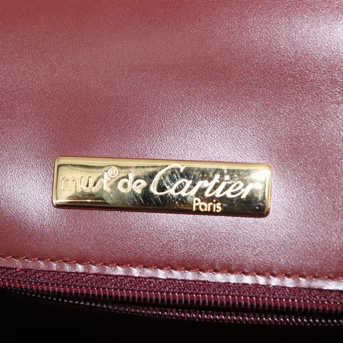 CARTIER Hand Bag Leather Bordeaux Gold Auth 146656