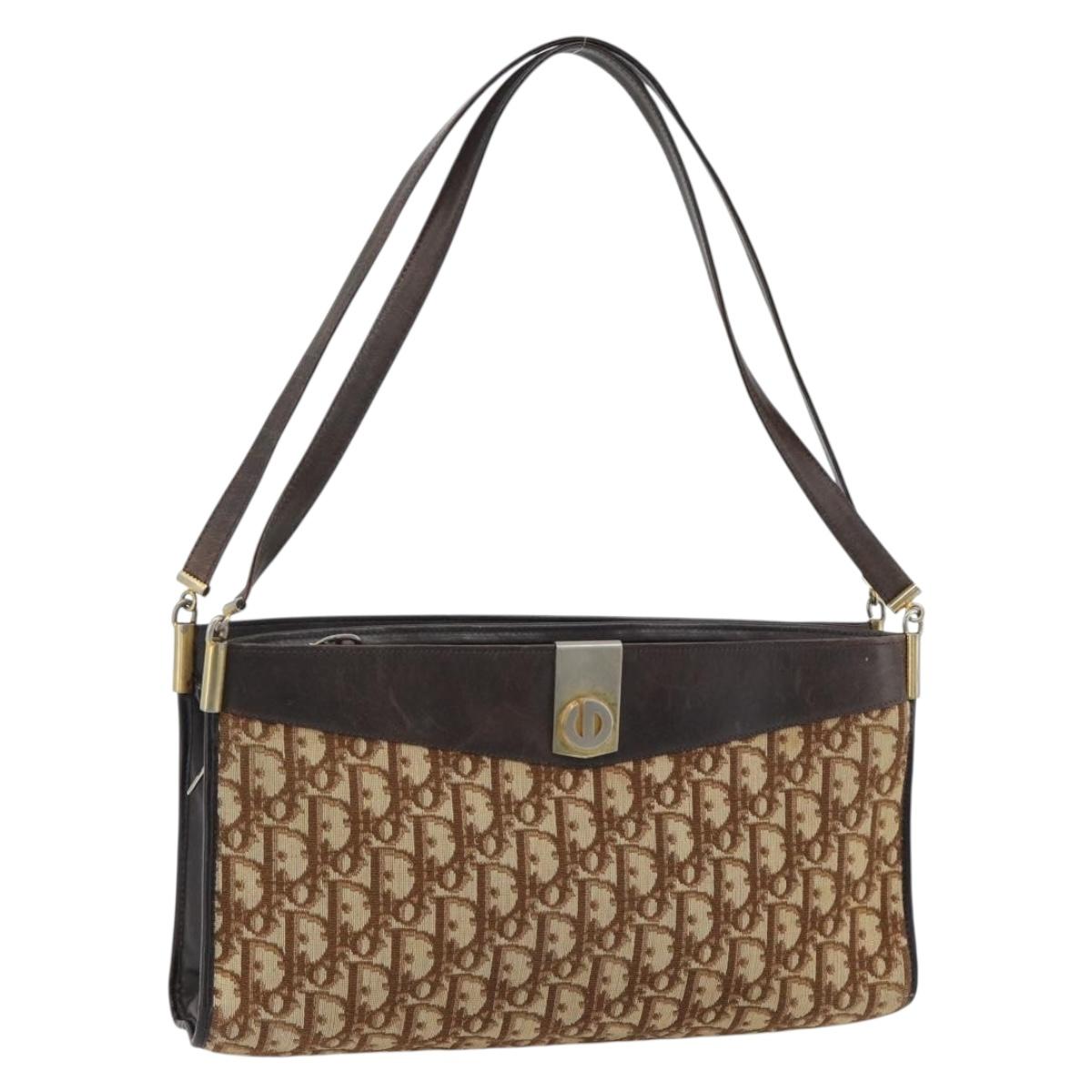 Christian Dior Trotter Canvas Shoulder Bag Brown Gold Auth 146664