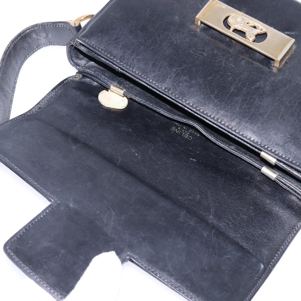 CELINE Horse Carriage Shoulder Bag Leather Vintage Black Gold Auth 146665