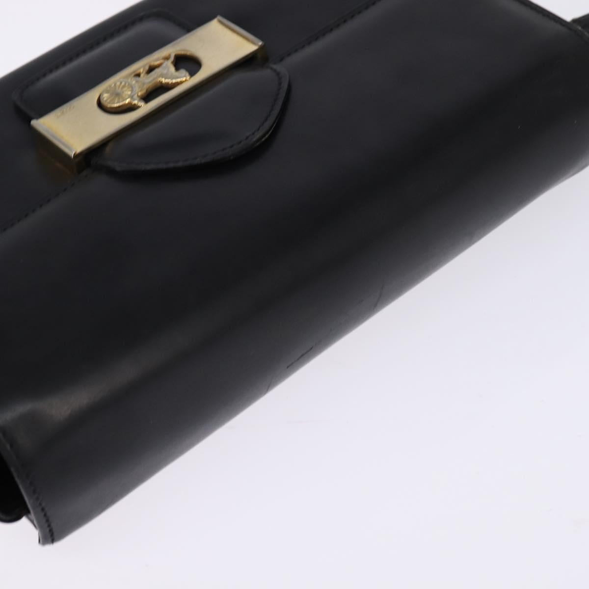 CELINE Horse Carriage Shoulder Bag Leather Vintage Black Gold Auth 146665
