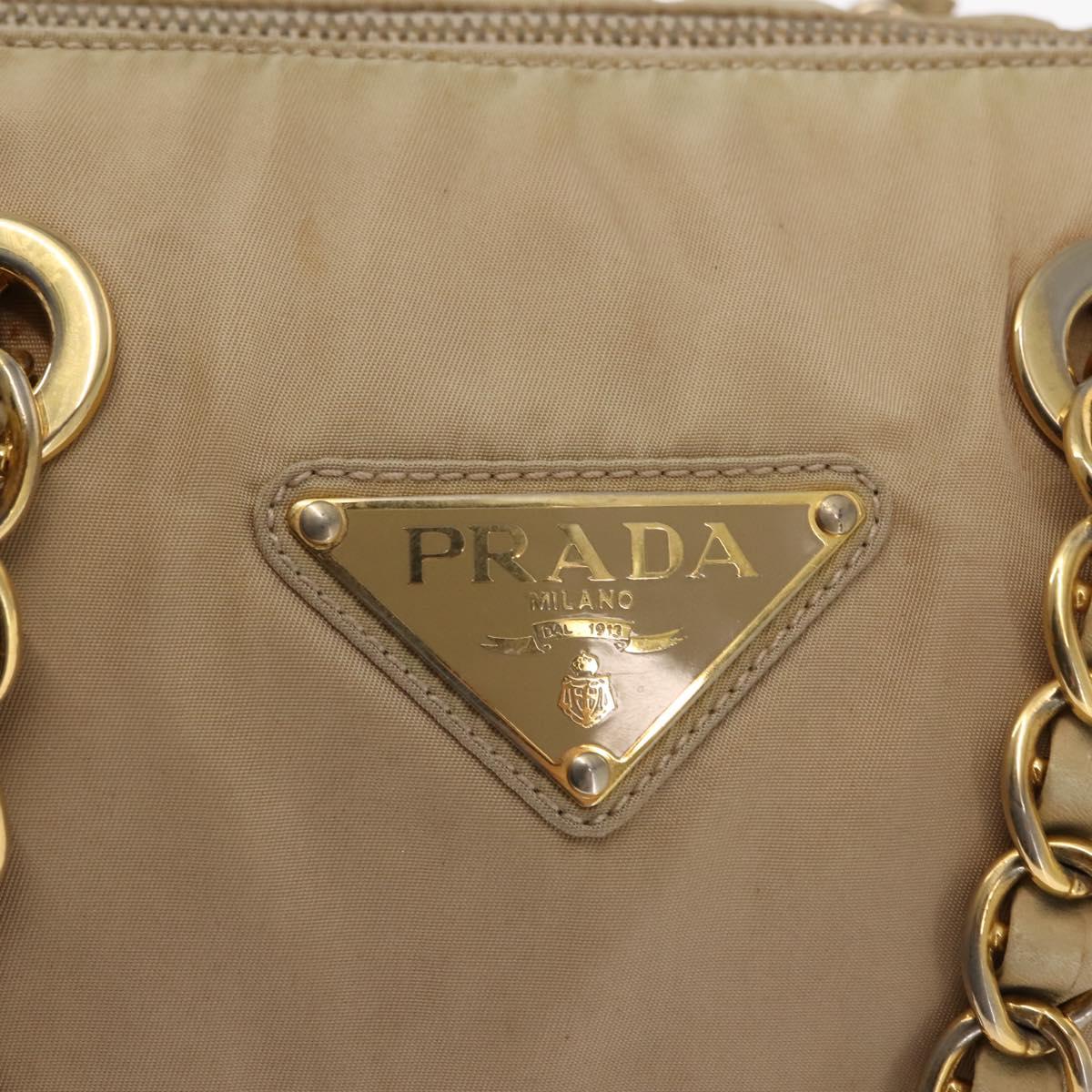 PRADA Chain Hand Bag Nylon Beige Gold Auth 146709