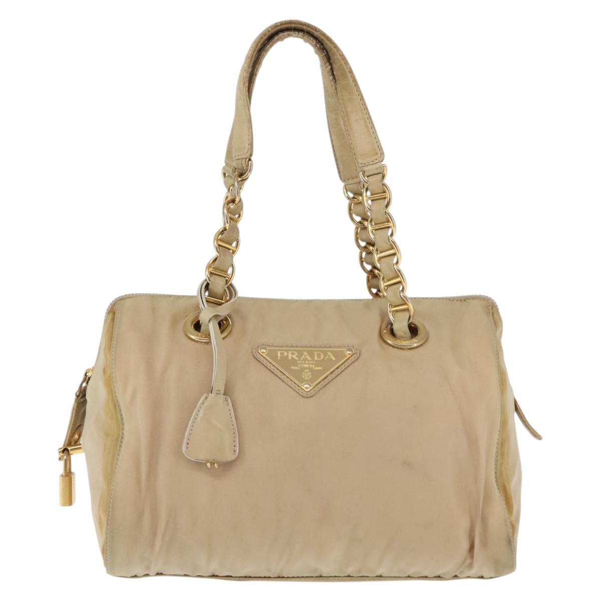 PRADA Chain Hand Bag Nylon Beige Gold Auth 146709