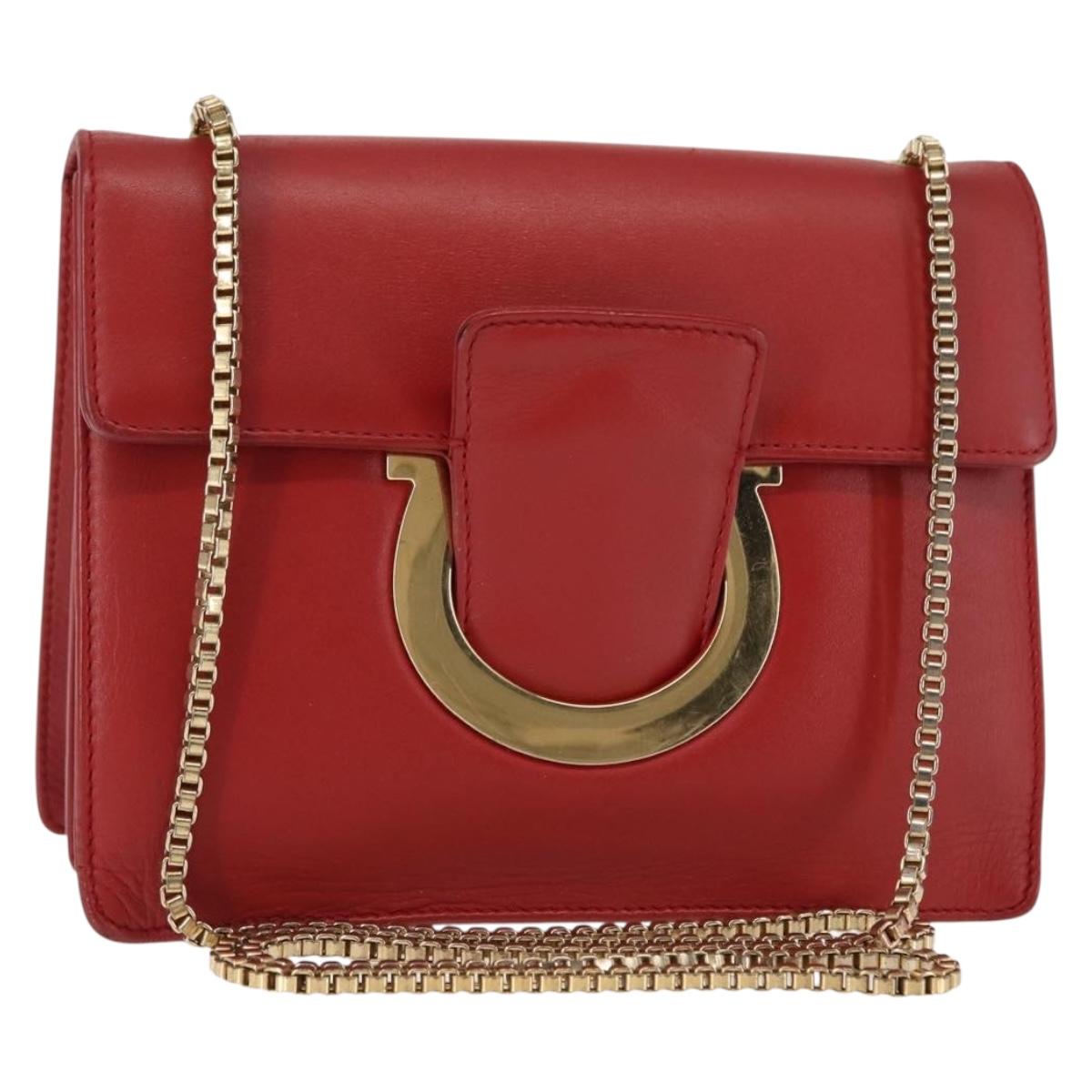 Salvatore Ferragamo Gancini Chain Shoulder Bag Leather Red Gold Auth 146725