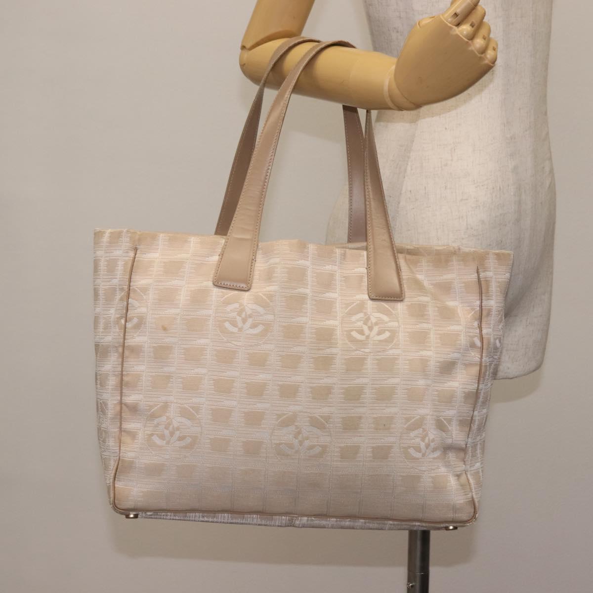 CHANEL New Travel Line Tote Bag Nylon Beige gold CC Auth 146730