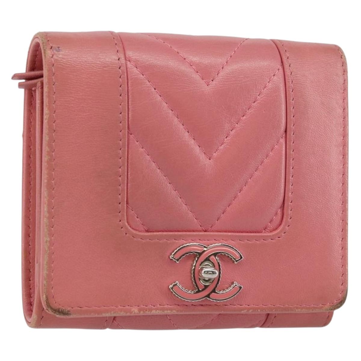 CHANEL V Stitch COCO Mark Trifold Wallet Lamb Skin Pink Silver CC Auth 146750