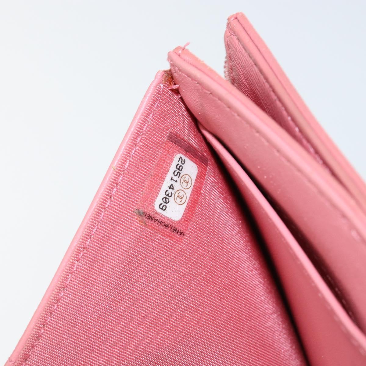 CHANEL V Stitch COCO Mark Trifold Wallet Lamb Skin Pink Silver CC Auth 146750