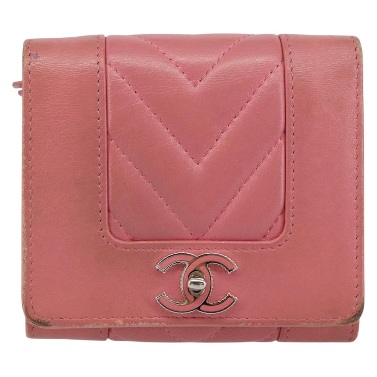 CHANEL V Stitch COCO Mark Trifold Wallet Lamb Skin Pink Silver CC Auth 146750
