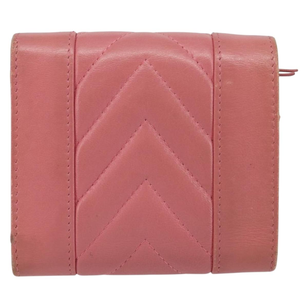CHANEL V Stitch COCO Mark Trifold Wallet Lamb Skin Pink Silver CC Auth 146750