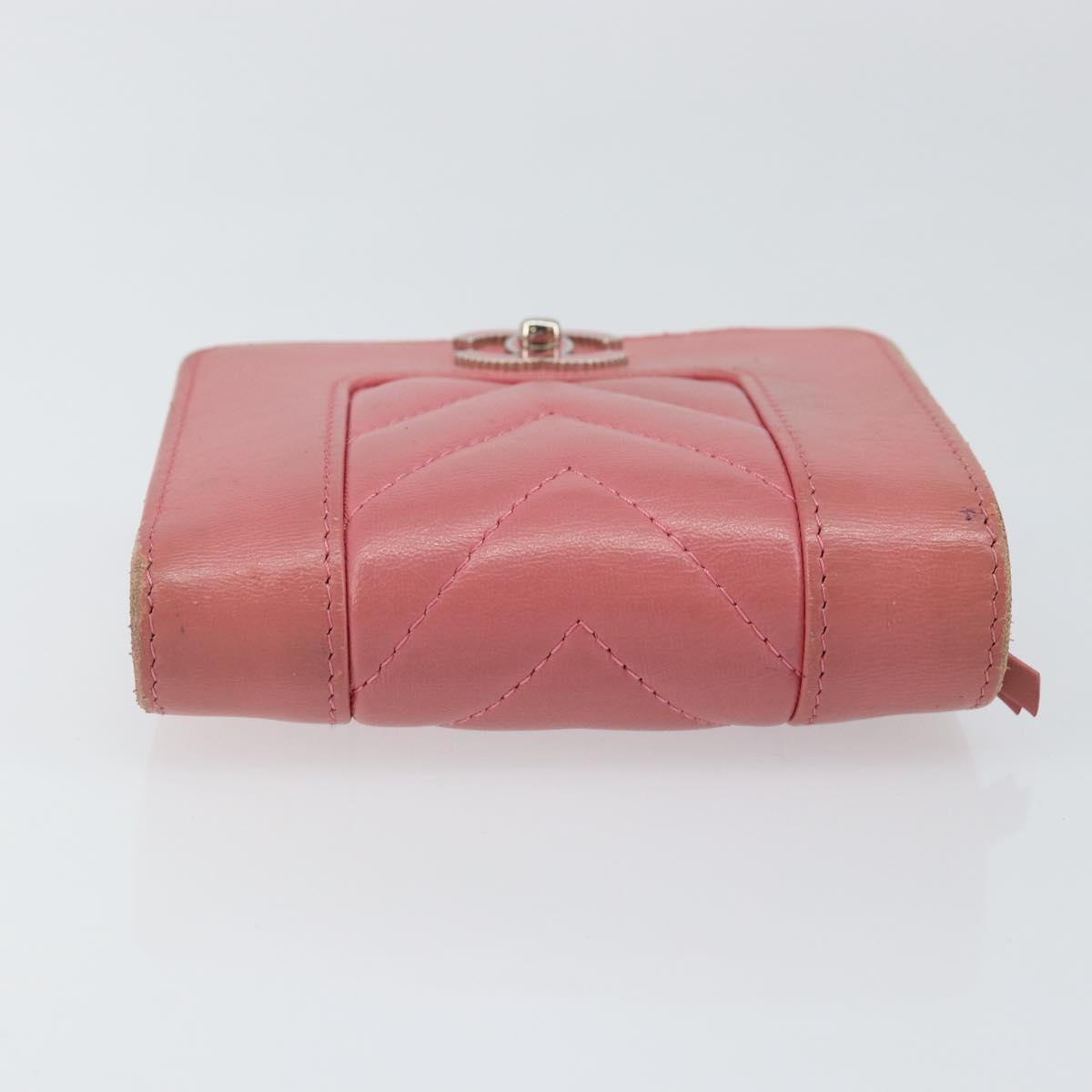 CHANEL V Stitch COCO Mark Trifold Wallet Lamb Skin Pink Silver CC Auth 146750