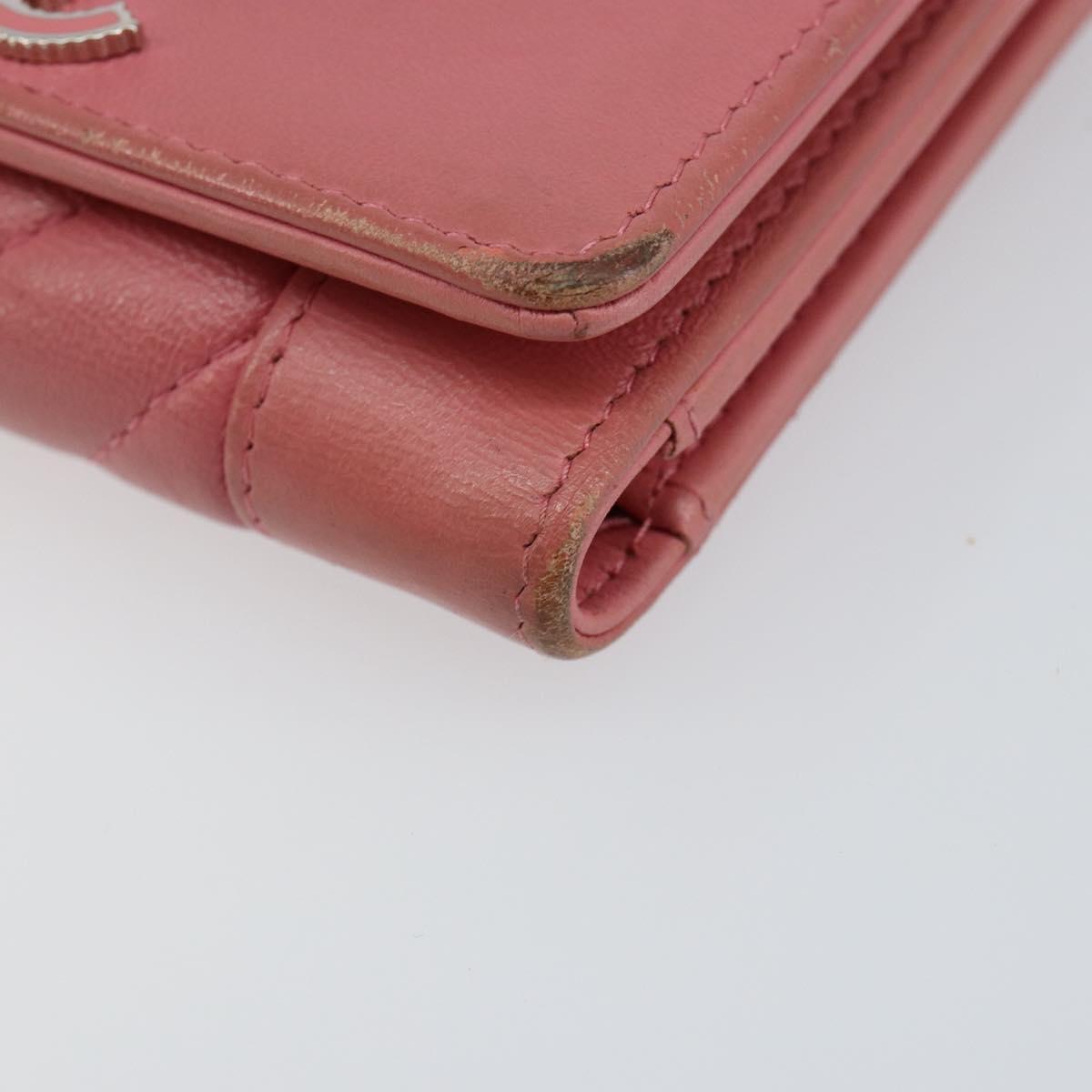 CHANEL V Stitch COCO Mark Trifold Wallet Lamb Skin Pink Silver CC Auth 146750