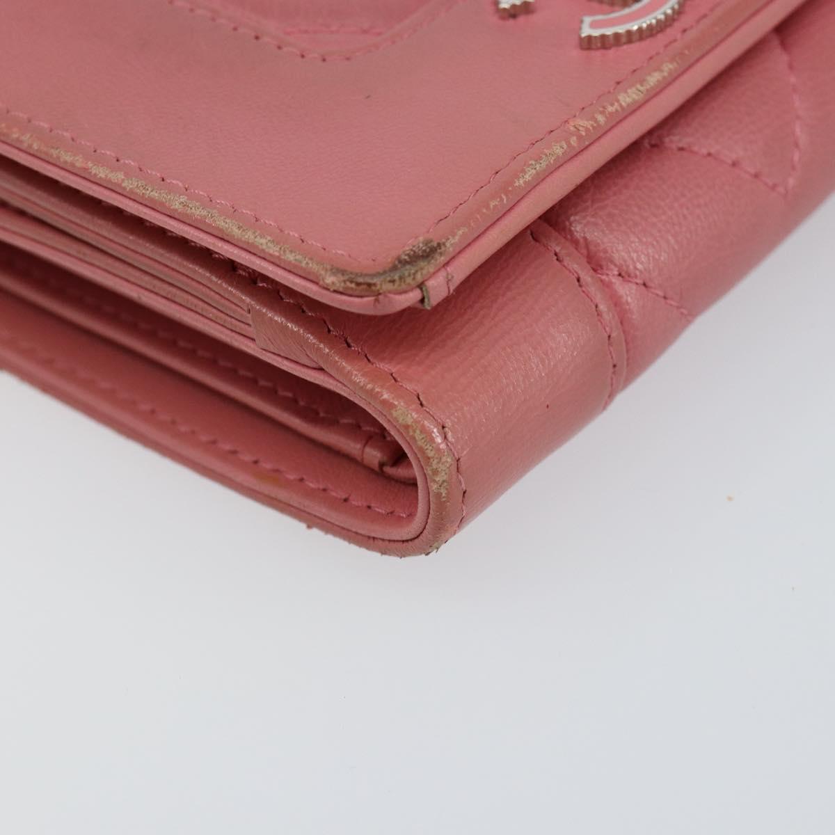 CHANEL V Stitch COCO Mark Trifold Wallet Lamb Skin Pink Silver CC Auth 146750