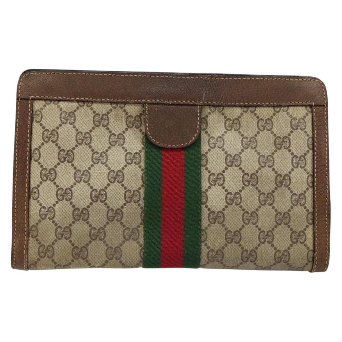 GUCCI GG Supreme Web Sherry Line Clutch Bag PVC Leather Beige Auth 146759