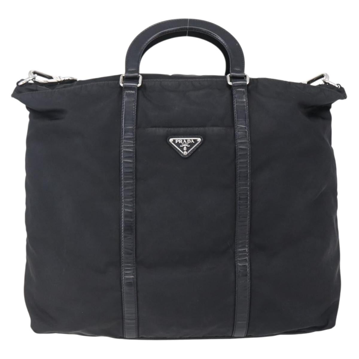 PRADA Tote Bag Nylon Leather 2way Black Silver Auth 146769