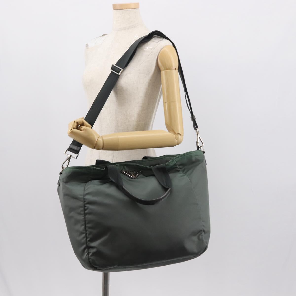 PRADA Tote Bag Nylon 2way Khaki Silver Auth 146790