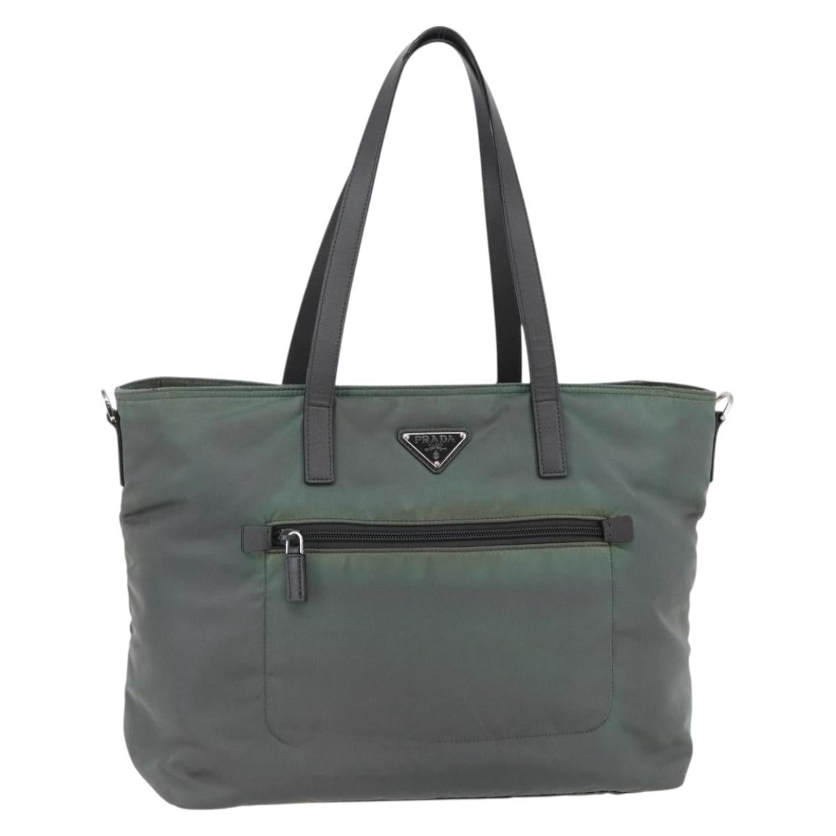 PRADA Tote Bag Nylon Khaki Silver Auth 146817