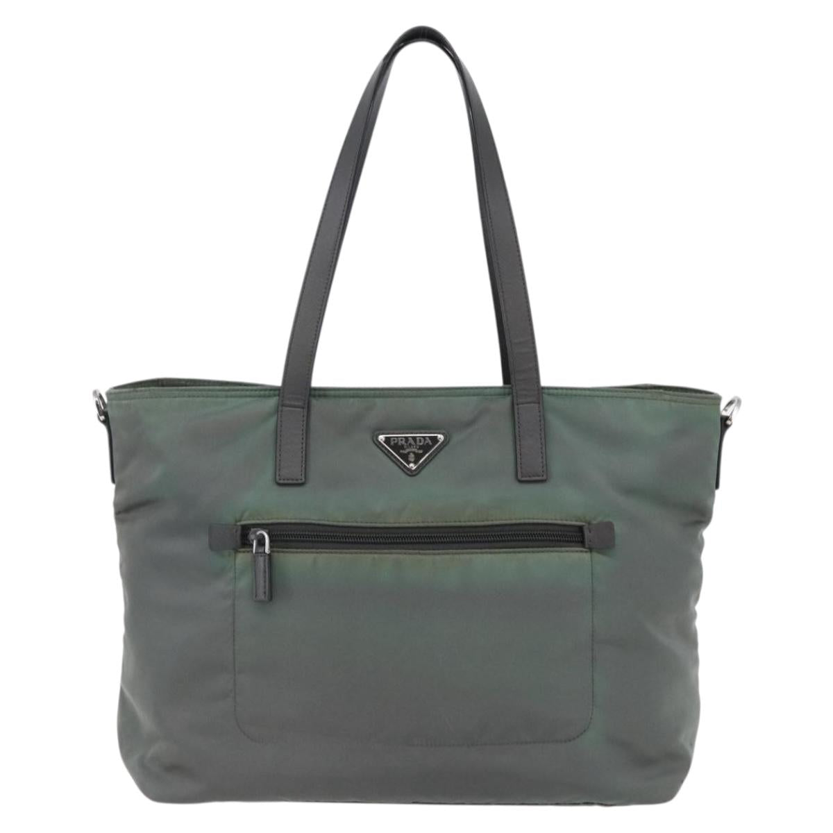 PRADA Tote Bag Nylon Khaki Silver Auth 146817