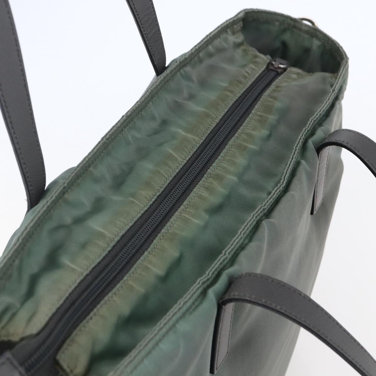 PRADA Tote Bag Nylon Khaki Silver Auth 146817