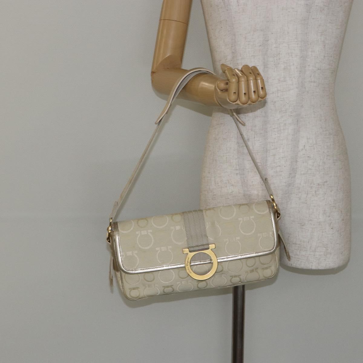 Salvatore Ferragamo Gancini Shoulder Bag Canvas Beige Gold Auth 146818