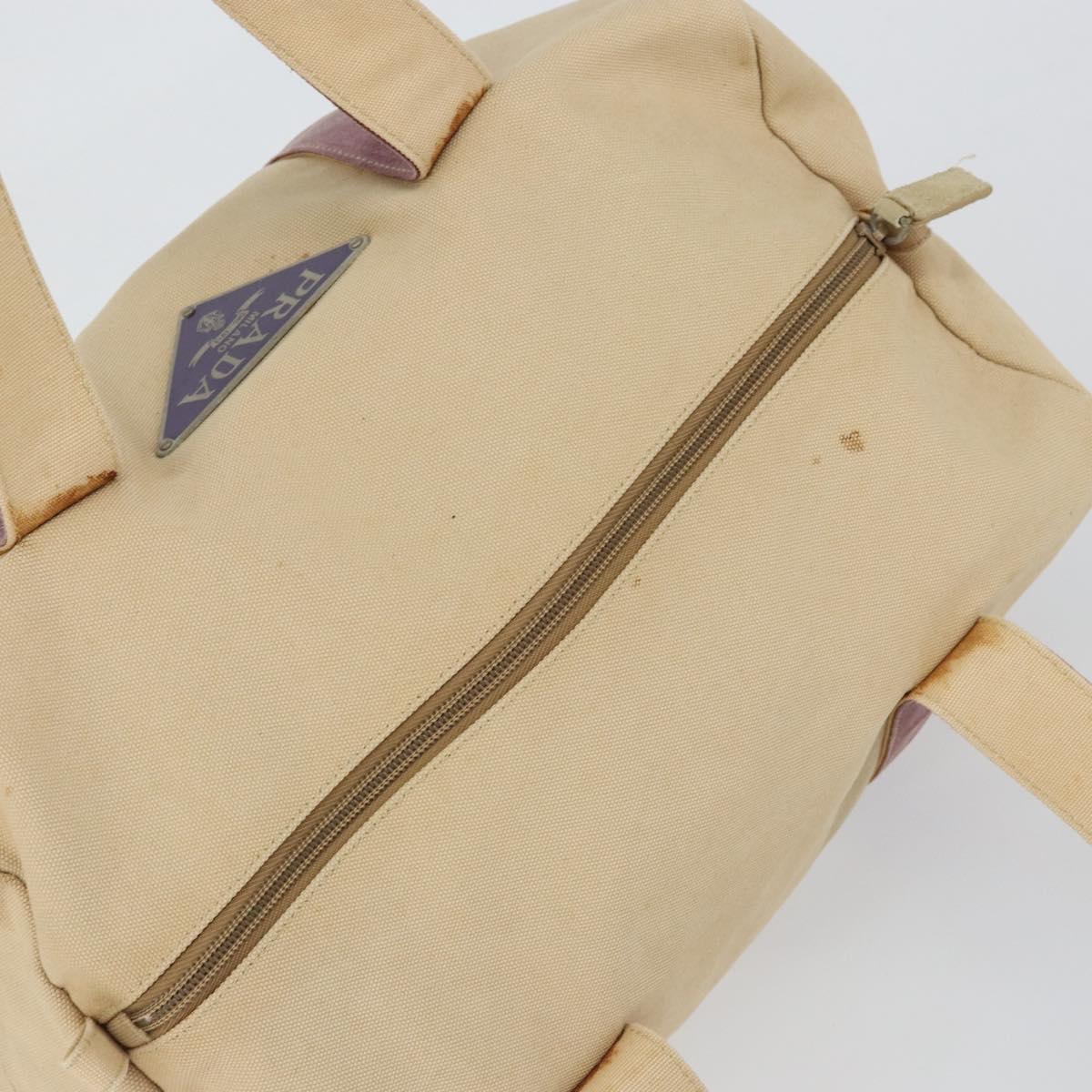 PRADA Hand Bag Canvas Beige Silver Auth 146820