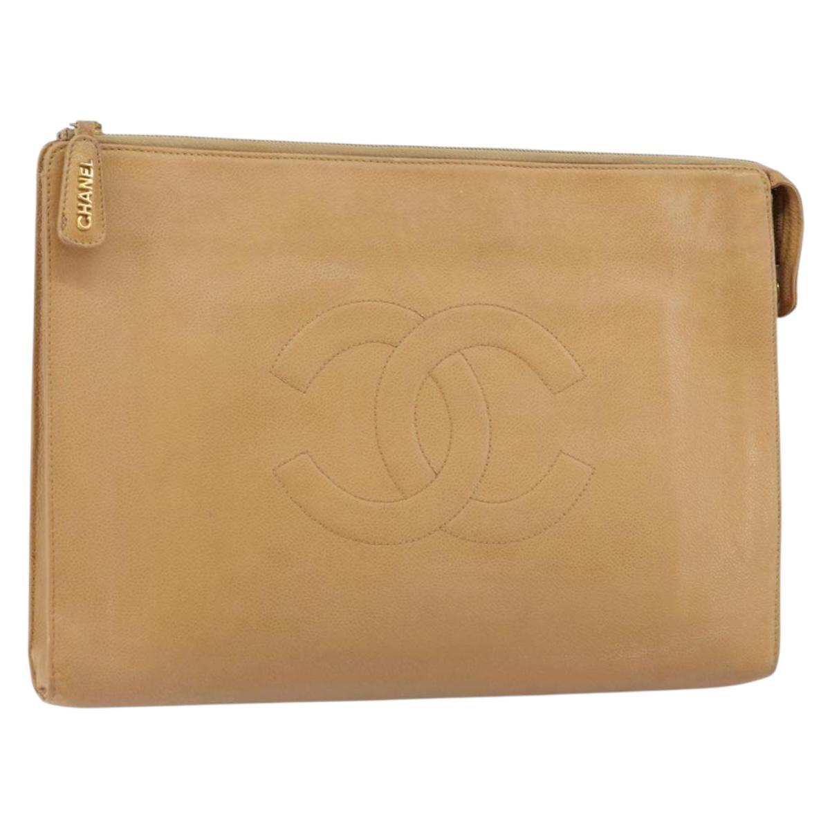 CHANEL COCO Mark Document case Clutch Bag Caviar Skin Beige Gold CC Auth 146822