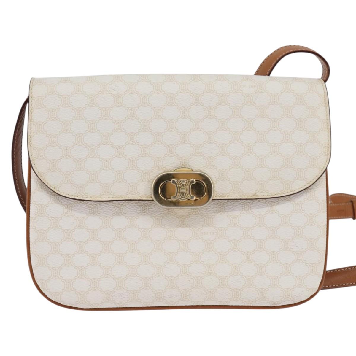 CELINE Macadam Canvas Shoulder Bag PVC Leather White Gold Auth 146823