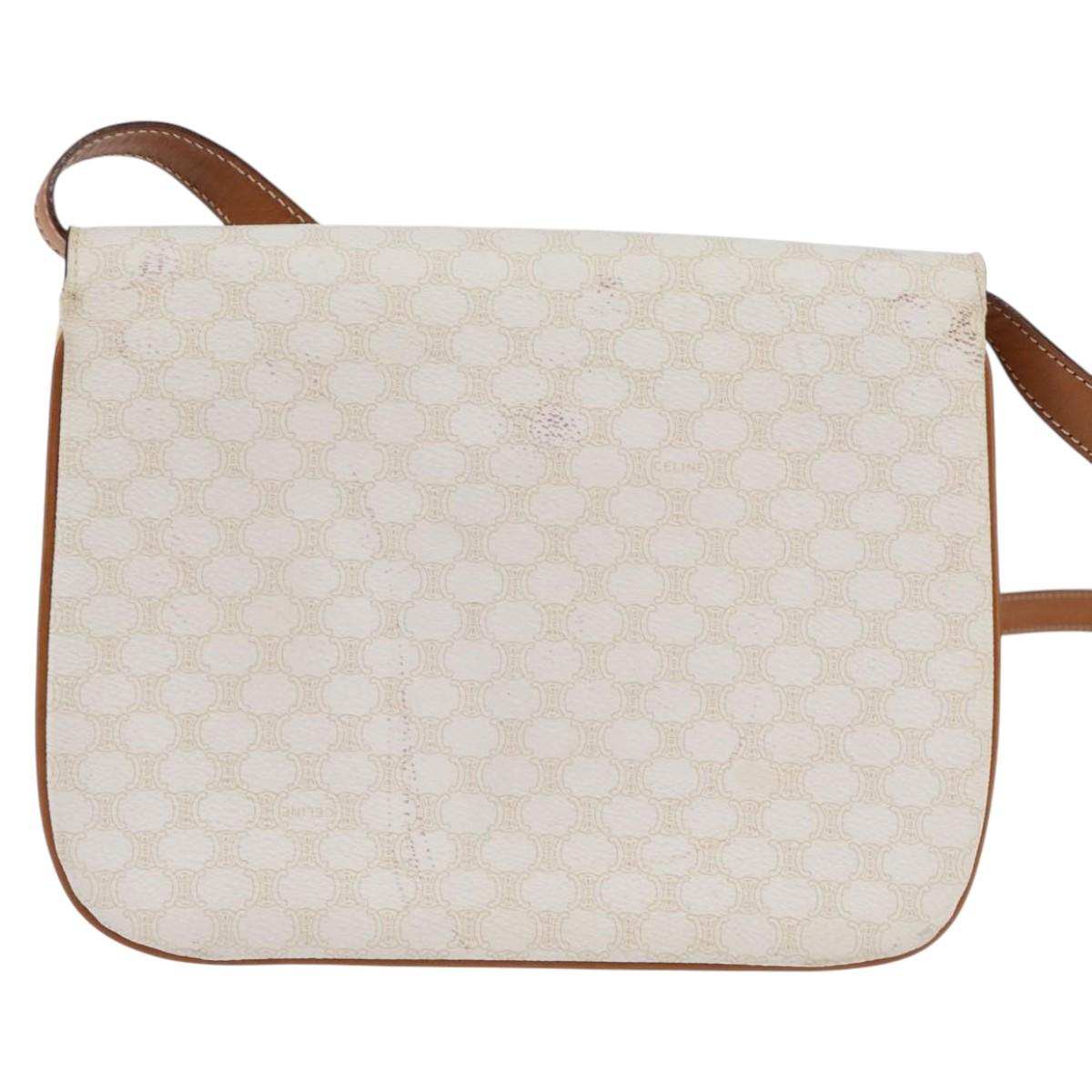 CELINE Macadam Canvas Shoulder Bag PVC Leather White Gold Auth 146823