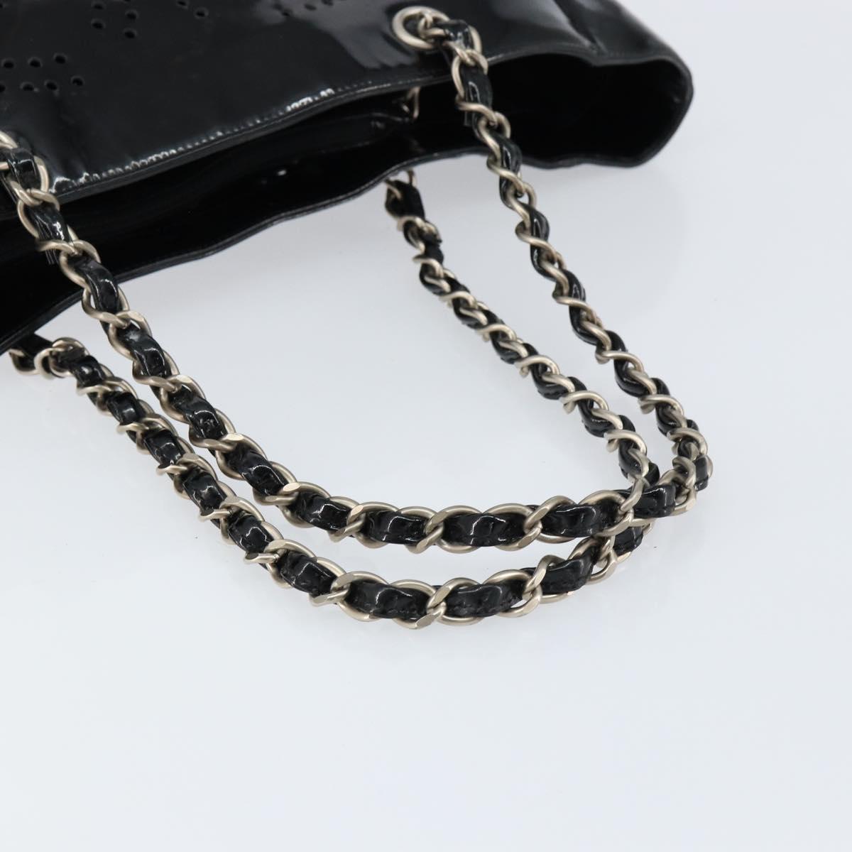 CHANEL Triple Coco Chain Tote Bag Patent leather Black Silver CC Auth 146826