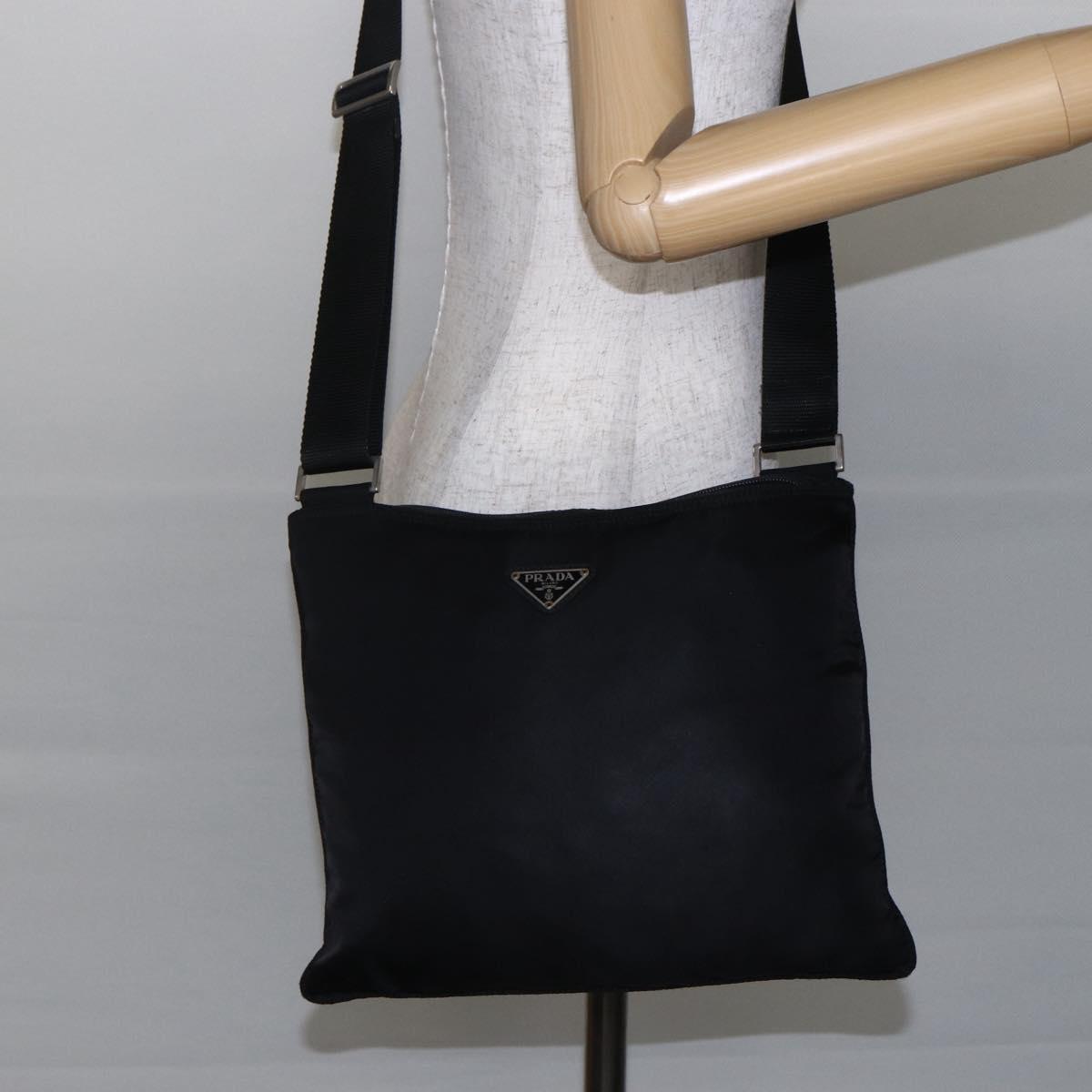 PRADA Shoulder Bag Nylon Black Silver Auth 146835