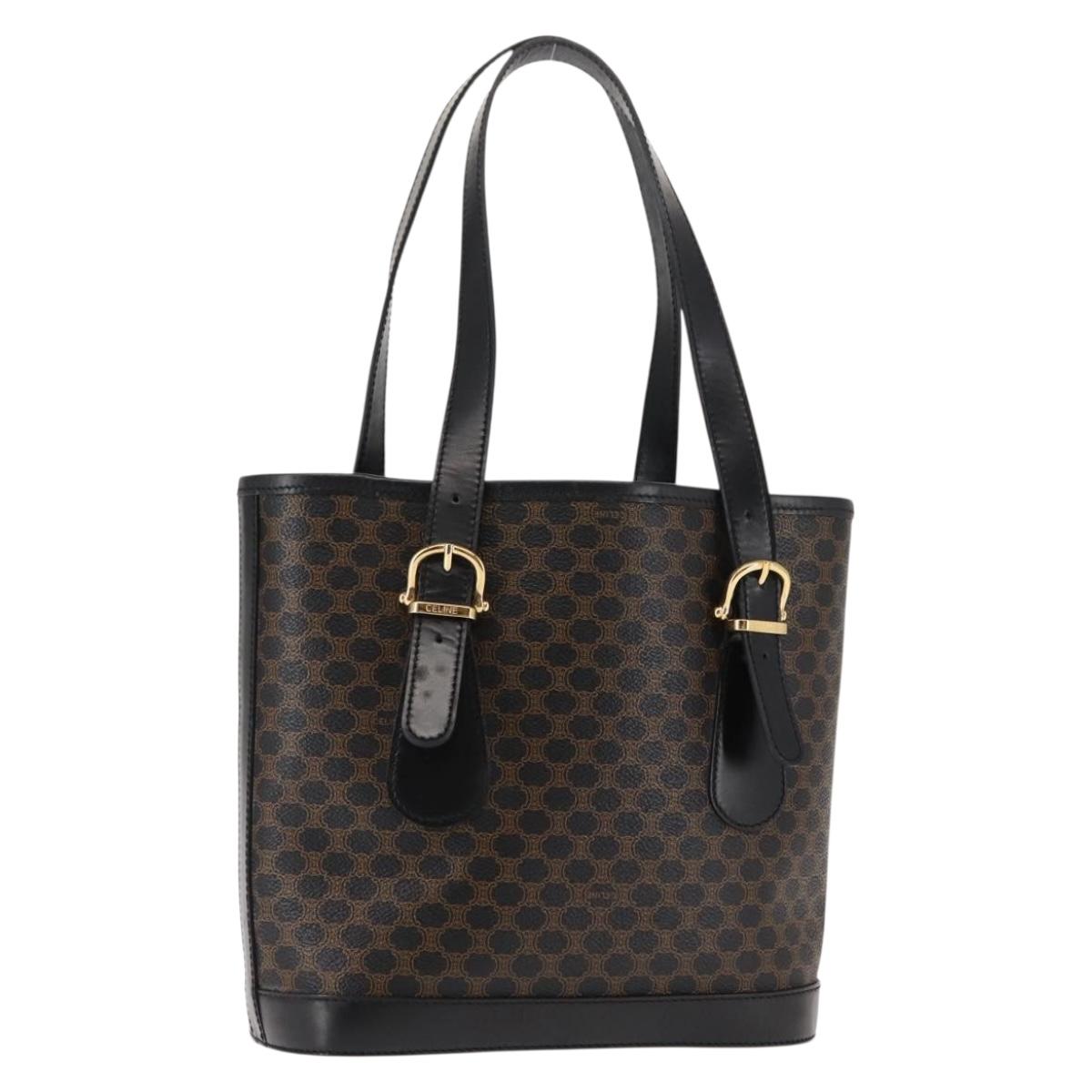 CELINE Macadam Canvas Tote Bag PVC Leather Black Gold Auth 146843