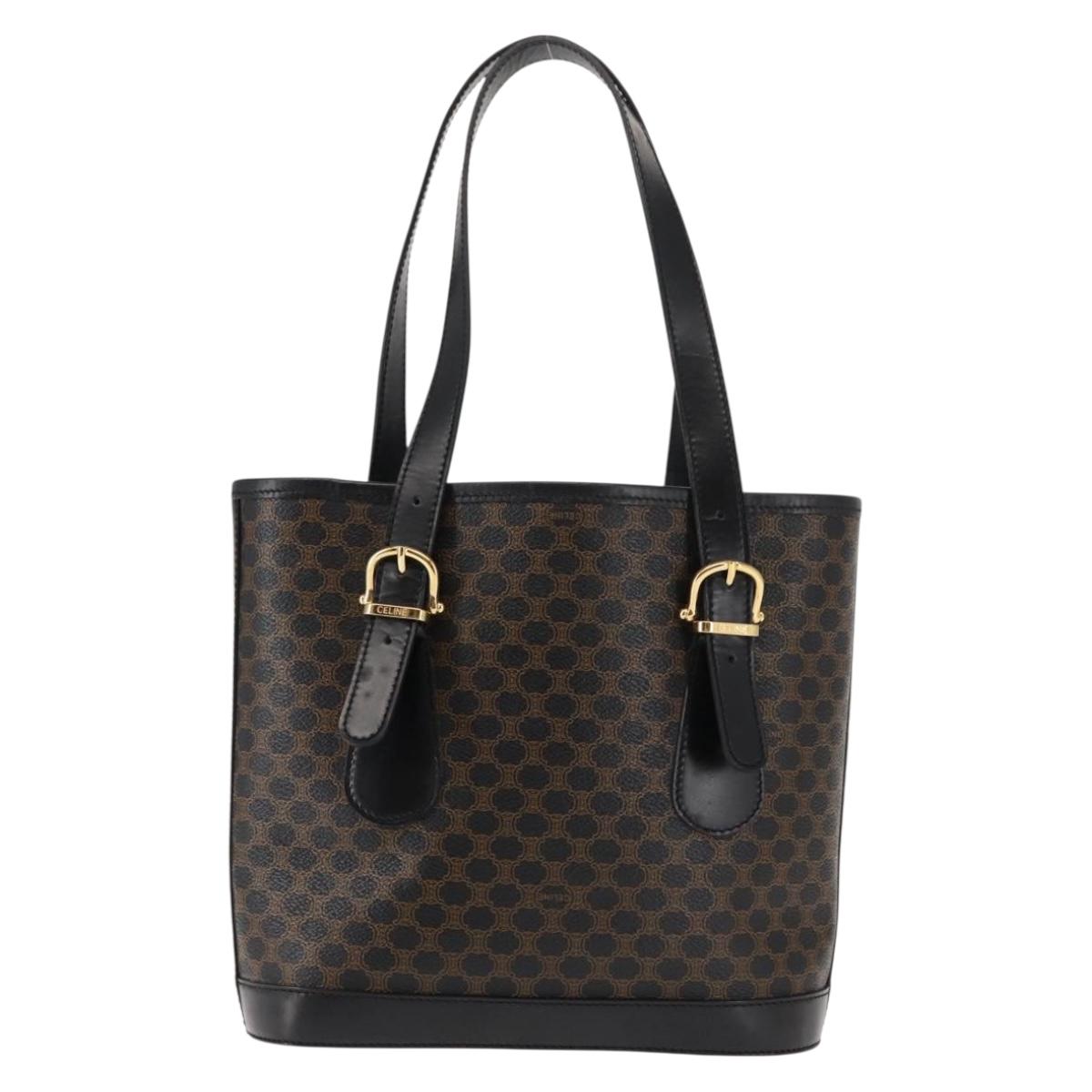 CELINE Macadam Canvas Tote Bag PVC Leather Black Gold Auth 146843