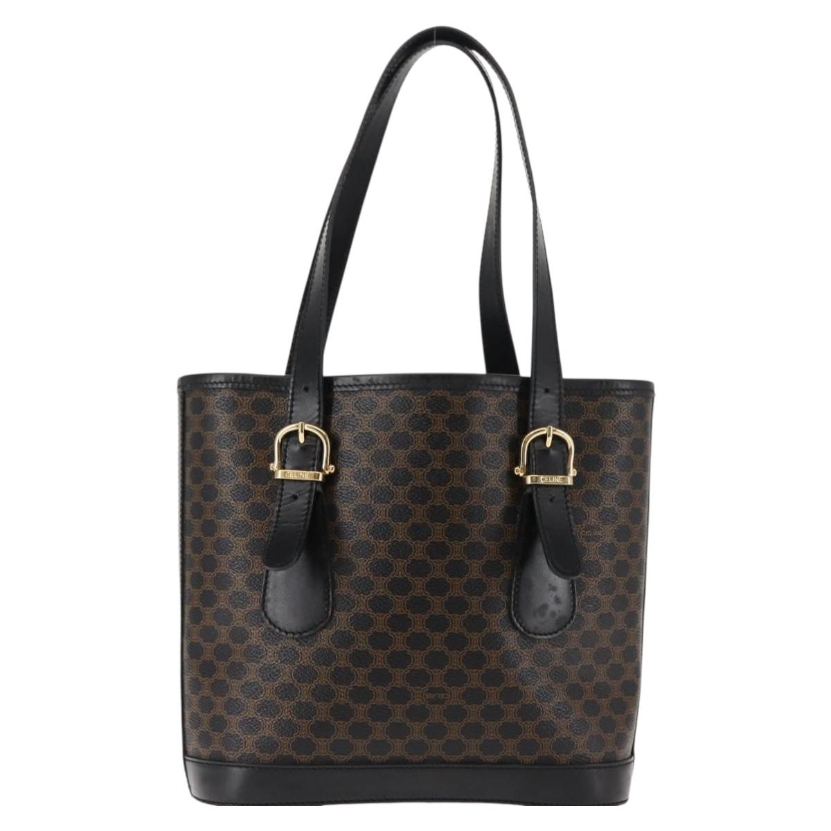 CELINE Macadam Canvas Tote Bag PVC Leather Black Gold Auth 146843